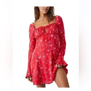 NWT Free People Tess Mini Velvet Lace Ruffle Floral Dress, Red, Small